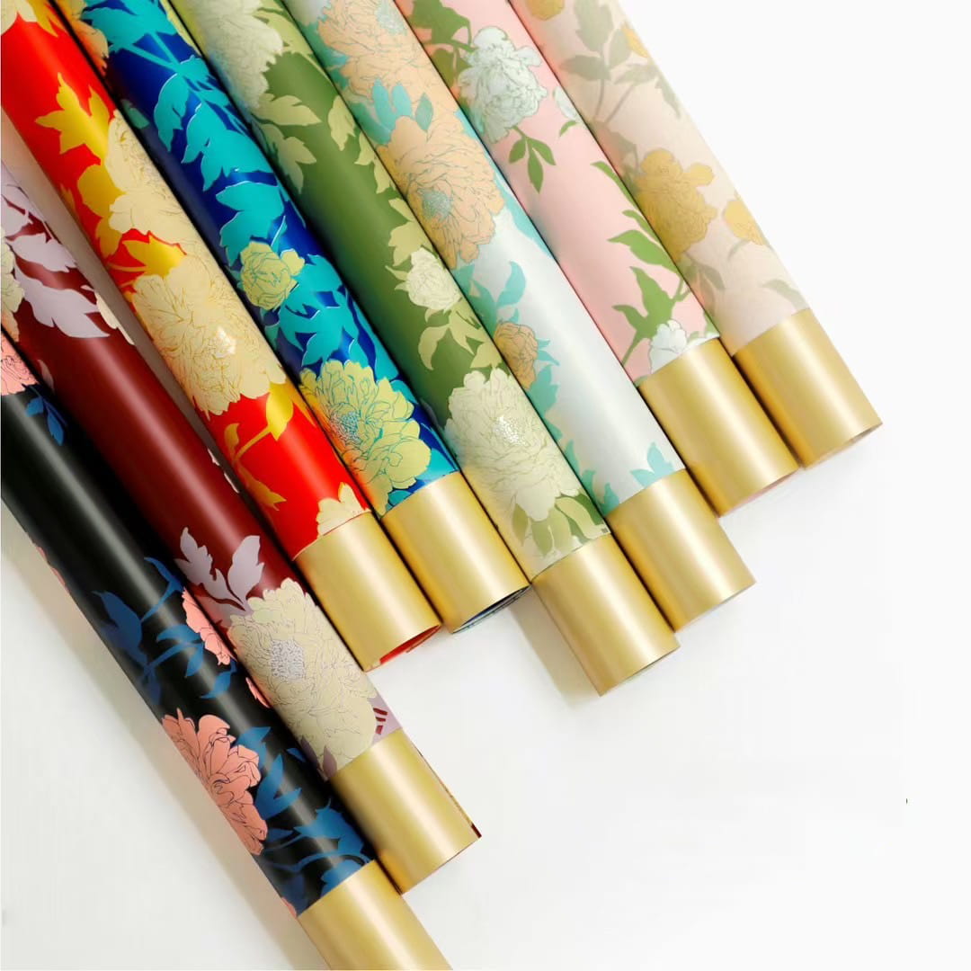 MYHC-78 กระดาษห่อดอกไม้ลายดอกโบตั๋นลายดอกไม้สีทองขอบทองสไตล์จีน
