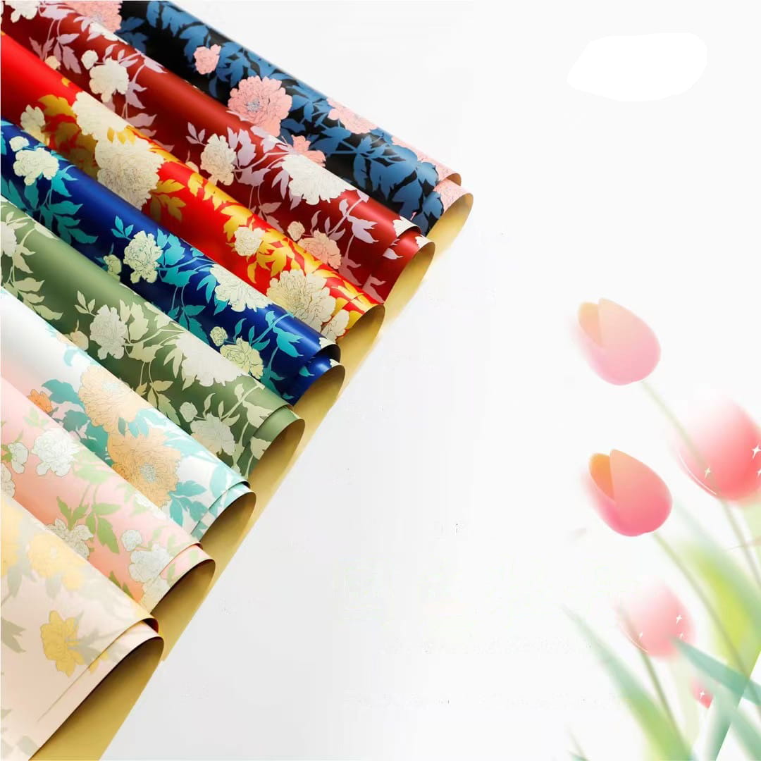 MYHC-78 กระดาษห่อดอกไม้ลายดอกโบตั๋นลายดอกไม้สีทองขอบทองสไตล์จีน