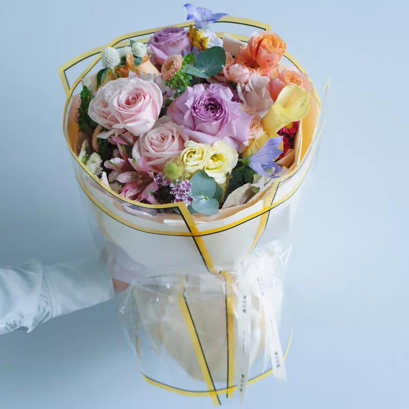 กระดาษห่อดอกไม้กันน้ำเคลือบซิลเวอร์ไอออนสีเงินขอบกึ่งโปร่งใส